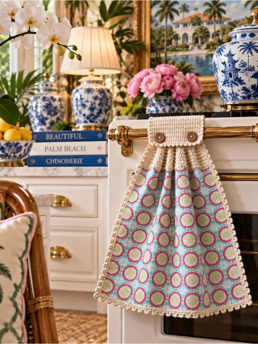 Pioneer Woman Aqua Medallion Crochet Hanging Kitchen Towel
